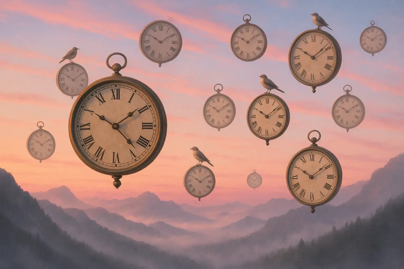 Floating vintage clocks over pastel mountains